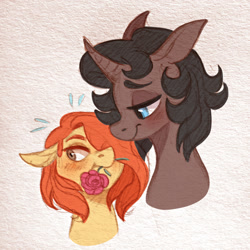 Size: 1280x1280 | Tagged: safe, artist:sutexii, imported from derpibooru, oc, oc only, oc:carnelian, oc:turquoise, blushing, flower, flower in mouth, mouth hold, rose