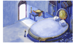 Size: 1920x1080 | Tagged: safe, artist:simbaro, imported from derpibooru, lullaby for a princess, bed, book, castle of the royal pony sisters, interior, luna's room, scroll, traditional art, watercolor painting