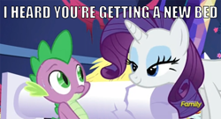 Size: 844x457 | Tagged: safe, edit, edited screencap, imported from derpibooru, screencap, rarity, spike, dragon, pony, unicorn, castle sweet castle, bedroom eyes, caption, discovery family logo, female, image macro, male, mare, meme, rarity's bad pickup lines, shipping, sparity, straight, sweat