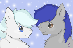 Size: 1009x669 | Tagged: safe, artist:serenity, imported from derpibooru, double diamond, oc, pony, the cutie map, chest fluff, looking at each other, male, pegasus master race, simple background, snow, snowfall, stallion, straight