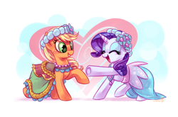 Size: 2200x1450 | Tagged: safe, artist:whitediamonds, imported from derpibooru, applejack, rarity, earth pony, pony, unicorn, a canterlot wedding, bridesmaid dress, clothes, dress, eyes closed, female, freckles, lesbian, mare, open mouth, raised hoof, rarijack, rarijack daily, shipping, smiling