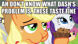 Size: 888x500 | Tagged: safe, imported from derpibooru, screencap, applejack, derpy hooves, dizzy twister, merry may, orange swirl, rarity, pegasus, pony, chubby cheeks, dessert, female, image macro, mare, meme, puffy cheeks