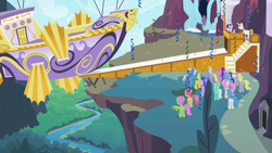 Size: 1280x720 | Tagged: safe, imported from derpibooru, screencap, amethyst star, cloud kicker, derpy hooves, dizzy twister, lemon hearts, lightning bolt, lyra heartstrings, merry may, minuette, orange swirl, pokey pierce, prince blueblood, rarity, sea swirl, seafoam, sparkler, twinkleshine, white lightning, pegasus, pony, unicorn, sweet and elite, airship, background pony, background pony audience, blimp, crowd, female, lavender spirit, male, mare, stallion