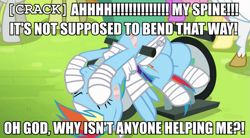 Size: 903x500 | Tagged: safe, imported from derpibooru, screencap, bulk biceps, rainbow dash, bandage, image macro, meme, wheelchair