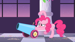 Size: 1280x720 | Tagged: safe, imported from derpibooru, screencap, pinkie pie, sweet and elite, female, party cannon, solo, tongue out