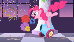 Size: 1280x720 | Tagged: safe, imported from derpibooru, screencap, pinkie pie, sweet and elite, confetti, female, open mouth, party cannon, solo