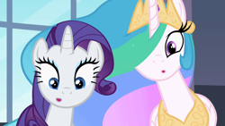 Size: 1280x720 | Tagged: safe, imported from derpibooru, screencap, princess celestia, rarity, sweet and elite, :o, hair over one eye