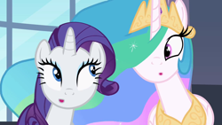 Size: 1280x720 | Tagged: safe, imported from derpibooru, screencap, princess celestia, rarity, sweet and elite, :o, hair over one eye