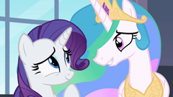 Size: 1280x720 | Tagged: safe, imported from derpibooru, screencap, princess celestia, rarity, sweet and elite, smiling