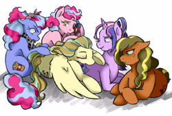 Size: 3100x2100 | Tagged: safe, artist:jointsupermodel, imported from derpibooru, oc, oc only, oc:bella poema, oc:crispy cream, oc:inky pinkie, oc:redlyn ethred, oc:wildwind, earth pony, pegasus, pony, unicorn, high res, next generation, tattoo