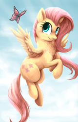 Size: 1024x1602 | Tagged: safe, artist:xilacs, imported from derpibooru, fluttershy, butterfly, cute, female, flying, shyabetes, solo