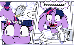 Size: 802x500 | Tagged: safe, artist:muffinshire, imported from derpibooru, twilight sparkle, unicorn, comic:twilight's first day, big no, book, clumsy, comic, female, filly, filly twilight sparkle, floppy ears, frown, hilarious in hindsight, now you fucked up, open mouth, preview, screaming, scroll, solo, this will end in tears, twilight fuel, unicorn twilight, uvula, wide eyes, wip, you dun goofed, younger