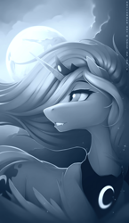 Size: 2000x3455 | Tagged: safe, artist:antiander, imported from derpibooru, princess luna, alicorn, pony, fangs, female, grayscale, mare in the moon, monochrome, moon, s1 luna, solo