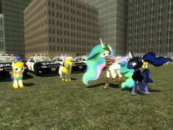 Size: 1024x768 | Tagged: safe, artist:sonic5421, imported from derpibooru, princess celestia, princess luna, 3d, car, gmod, need for speed, need for speed: most wanted, police, police car, royal guard, royal sisters