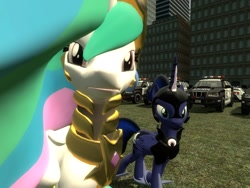 Size: 1024x768 | Tagged: safe, artist:sonic5421, imported from derpibooru, princess celestia, princess luna, 3d, car, gmod, looking at you, need for speed, need for speed: most wanted, police, police car, royal sisters