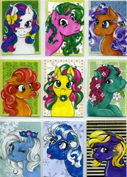 Size: 785x1095 | Tagged: safe, artist:skypinpony, imported from derpibooru, abra-ca-dabra, bow tie (g3), bowtie (g3), bumblesweet, crystal crown, gardenia glow, gardenia glow (g3), island rainbow (g3), kiwi tart, snowflake (g3), oc, bee, earth pony, insect, pony, artist trading card, bow, bumblesweet (g3), desert blossom, ear freckles, earmuffs, female, floppy ears, flower, flower in mouth, freckles, g3, hair bow, hair over one eye, looking at you, mare, mouth hold, one eye closed, photo, smiling, smiling at you, surprised, tongue out, traditional art, wink, winking at you