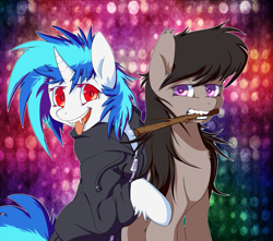 Size: 1727x1524 | Tagged: safe, artist:tobykitten, imported from derpibooru, dj pon-3, octavia melody, vinyl scratch, hengstwolf, pony, unicorn, vampire, werewolf, chest fluff, clothes, curved horn, ear fluff, fangs, female, fluffy, hoof fluff, hooves, horn, leg fluff, looking at you, mare, my roommate is a vampire, open mouth, red eyes, smiling, stick, teeth, tongue out, vinyl the vampire, weretavia, wolftavia