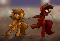 Size: 1280x881 | Tagged: safe, artist:marsminer, imported from derpibooru, oc, oc only, oc:mars miner, oc:venus spring, cowboy, lasso, marspring, rodeo