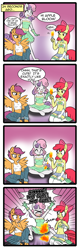 Size: 1122x3496 | Tagged: safe, artist:anibaruthecat, imported from derpibooru, apple bloom, scootaloo, sweetie belle, anthro, unguligrade anthro, apple bloomers, comic:fetish escalation, 4koma, armpits, assisted exposure, bandeau, belly button, clothes, comic, cutie mark crusaders, dress, fire, japanese, midriff, oh crap, pyro belle, this will end in incineration, this will end in pain, this will end in tears and/or death, this will not end well, underhoof