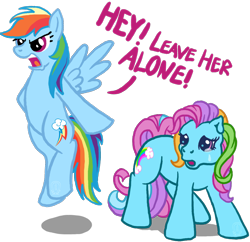 Size: 1044x1010 | Tagged: safe, artist:anscathmarcach, imported from derpibooru, rainbow dash, rainbow dash (g3), earth pony, pegasus, pony, crying, defending, dialogue, duo, duo female, female, floating, flying, g3, g4, loyalty, mare, ponies defending previous generation, self ponidox, simple background, spread wings, transparent background, white background, wings