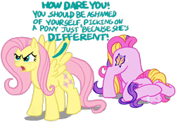 Size: 1552x1080 | Tagged: safe, artist:anscathmarcach, imported from derpibooru, fluttershy, fluttershy (g3), pegasus, pony, angry, crying, dialogue, duo, female, g3, hiding, hiding behind hooves, mare, ponies defending previous generation, self ponidox, simple background, spread wings, transparent background, wings