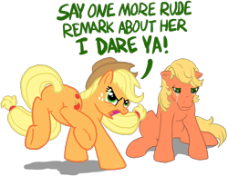 Size: 1392x1078 | Tagged: safe, artist:anscathmarcach, imported from derpibooru, applejack, applejack (g1), earth pony, pony, angry, applebucking, applebucking thighs, applebutt, applejack's hat, bucking, butt, cowboy hat, crying, dialogue, female, g1, generational ponidox, hat, imminent pain, mare, plot, ponies defending previous generation, sad, silly, silly pony, stetson, this will end in pain, this will not end well, who's a silly pony