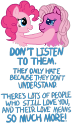 Size: 1035x1806 | Tagged: safe, artist:anscathmarcach, imported from derpibooru, pinkie pie, pinkie pie (g3), earth pony, pony, blue text, comforting, crying, duo, female, g3, mare, ponies defending previous generation, self ponidox, simple background, text, transparent background