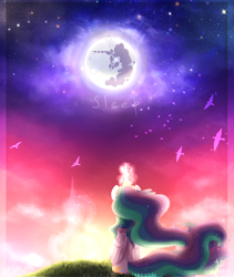 Size: 1280x1515 | Tagged: safe, artist:kotosova, imported from derpibooru, princess celestia, lullaby for a princess, female, magic, mare in the moon, moon, rear view, sitting, solo