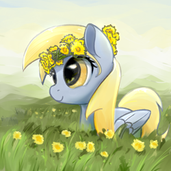 Size: 1000x997 | Tagged: safe, artist:scootiebloom, imported from derpibooru, derpy hooves, pegasus, pony, cute, dandelion, female, floral head wreath, flower, flower in hair, grass, lying down, mare, prone, smiling, solo