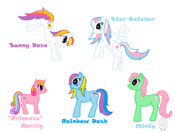 Size: 1908x1460 | Tagged: safe, artist:anscathmarcach, imported from derpibooru, minty, rainbow dash (g3), rarity (g3), star catcher, sunny daze (g3), g3, g3 to g4, g4, generation leap