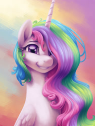 Size: 1500x2000 | Tagged: safe, artist:verulence, imported from derpibooru, princess celestia, alicorn, pony, beautiful, bust, cute, cutelestia, face, female, grin, hair over one eye, happy, looking at you, mare, smiling, solo