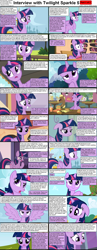 Size: 1282x3304 | Tagged: safe, imported from derpibooru, twilight sparkle, alicorn, pony, comic:celestia's servant interview, background pony, blushing, caption, comic, cs captions, female, floppy ears, hay burger, interview, mare, twilight sparkle (alicorn)