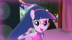 Size: 1326x745 | Tagged: safe, imported from derpibooru, screencap, twilight sparkle, equestria girls, perfect day for fun, rainbow rocks, bare shoulders, female, looking at you, microphone, open mouth, open smile, ponied up, rainbow rocks outfit, shoulder strap, sleeveless, smiling, solo, turning to you, twilight sparkle (alicorn)