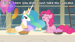 Size: 960x540 | Tagged: safe, edit, edited screencap, imported from derpibooru, screencap, pinkie pie, princess celestia, a bird in the hoof, caption, image macro, meme, misspelling, vulgar