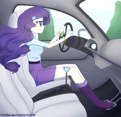 Size: 910x879 | Tagged: safe, artist:riouku, imported from derpibooru, rarity, equestria girls, beautiful, beauty, boots, car, car interior, clothes, diamond, driver, driving, female, offscreen character, pedal, pov, skirt, sky, smiling, solo, tree