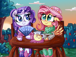 Size: 1200x905 | Tagged: safe, artist:daniel-sg, imported from derpibooru, fluttershy, rarity, pegasus, pony, unicorn, bush, chair, clothes, cloud, cute, dress, fan, female, flarity, flower, grass, hat, jug, lemonade, lesbian, mare, shipping, sitting, sky, smiling, style emulation, sunset, table, tree