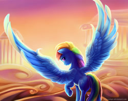 Size: 2000x1572 | Tagged: safe, artist:viwrastupr, imported from derpibooru, rainbow dash, cloudsdale, female, looking at you, looking back, rear view, solo, spread wings, underhoof