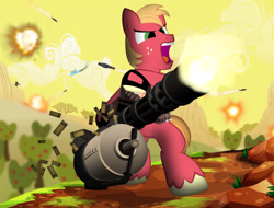 Size: 1237x939 | Tagged: safe, artist:dan232323, imported from derpibooru, big macintosh, rainbow dash, pony, bipedal, crossover, explosion, gun, heavy mac, heavy weapons guy, open mouth, team fortress 2, weapon