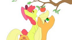 Size: 1600x900 | Tagged: safe, artist:solipsus, imported from derpibooru, apple bloom, applejack, apple, apple bloom riding applejack, hatless, missing accessory, open mouth, ponies riding ponies, riding