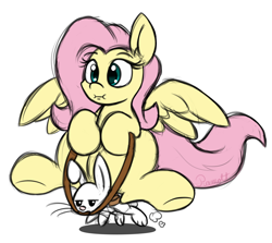 Size: 1400x1250 | Tagged: safe, artist:ramott, imported from derpibooru, angel bunny, fluttershy, pony, :i, context is for the weak, fluttershy riding angel, reins, riding, simple background, underhoof, wat, we bought two cakes, white background