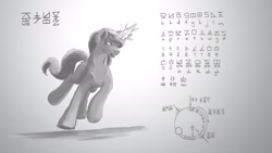 Size: 1920x1080 | Tagged: safe, artist:doomsp0rk, imported from derpibooru, oc, oc only, pony, unicorn, alphabet, language, monochrome, solo