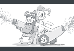 Size: 1024x709 | Tagged: safe, artist:joellethenose, imported from derpibooru, pinkie pie, earth pony, human, pony, crossover, female, gravity falls, grayscale, grin, mabel pines, mare, monochrome, party cannon, raised hoof, smiling, standing, weapon