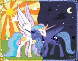 Size: 653x509 | Tagged: safe, artist:kiguren, imported from derpibooru, princess celestia, princess luna, moon, s1 luna, sisters, sun