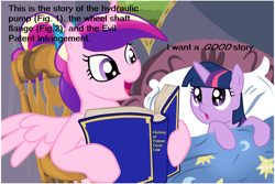 Size: 1024x683 | Tagged: safe, artist:zetared, imported from derpibooru, princess cadance, twilight sparkle, alicorn, pony, unicorn, bed, bedtime story, book, cadance's bedtime stories, calvin and hobbes, duo, exploitable meme, filly, filly twilight sparkle, looking up, meme, younger