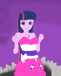 Size: 1700x2091 | Tagged: safe, artist:final7darkness, imported from derpibooru, spike, twilight sparkle, dog, equestria girls, between breasts, breasts, city, clothes, dress, fall formal, fall formal outfits, female, giantess, macro, night, request, requested art, size difference, sky, spike the dog, stars, this is our big night, twilight ball dress, twilight sparkle (alicorn)