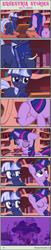 Size: 1004x4917 | Tagged: safe, artist:estories, imported from derpibooru, twilight sparkle, oc, oc:silverlay, original species, unicorn, comic:seeds of darkness, comic, golden oaks library, umbra pony, unicorn twilight