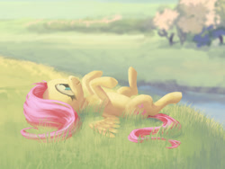 Size: 690x518 | Tagged: safe, artist:hunternif, imported from derpibooru, fluttershy, female, on back, solo