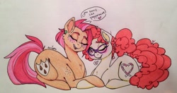 Size: 3172x1671 | Tagged: safe, artist:ameliacostanza, imported from derpibooru, babs seed, twist, alternate cutie mark, alternate universe, babstwist, female, holding hooves, lesbian, older, shipping, snuggling, spoken heart, traditional art