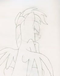 Size: 2361x2977 | Tagged: safe, artist:j4m35c, imported from derpibooru, rainbow dash, angry, crying, female, monochrome, rear view, solo, traditional art