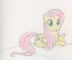 Size: 2037x1689 | Tagged: safe, artist:j4m35c, imported from derpibooru, fluttershy, pegasus, pony, female, prone, sitting, solo, traditional art